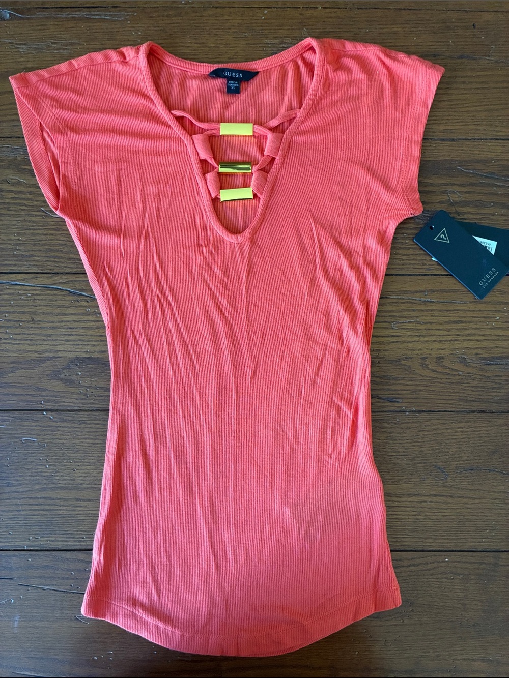 GUESS Coral Short Sleeve V-Cut Top with Gold Accents